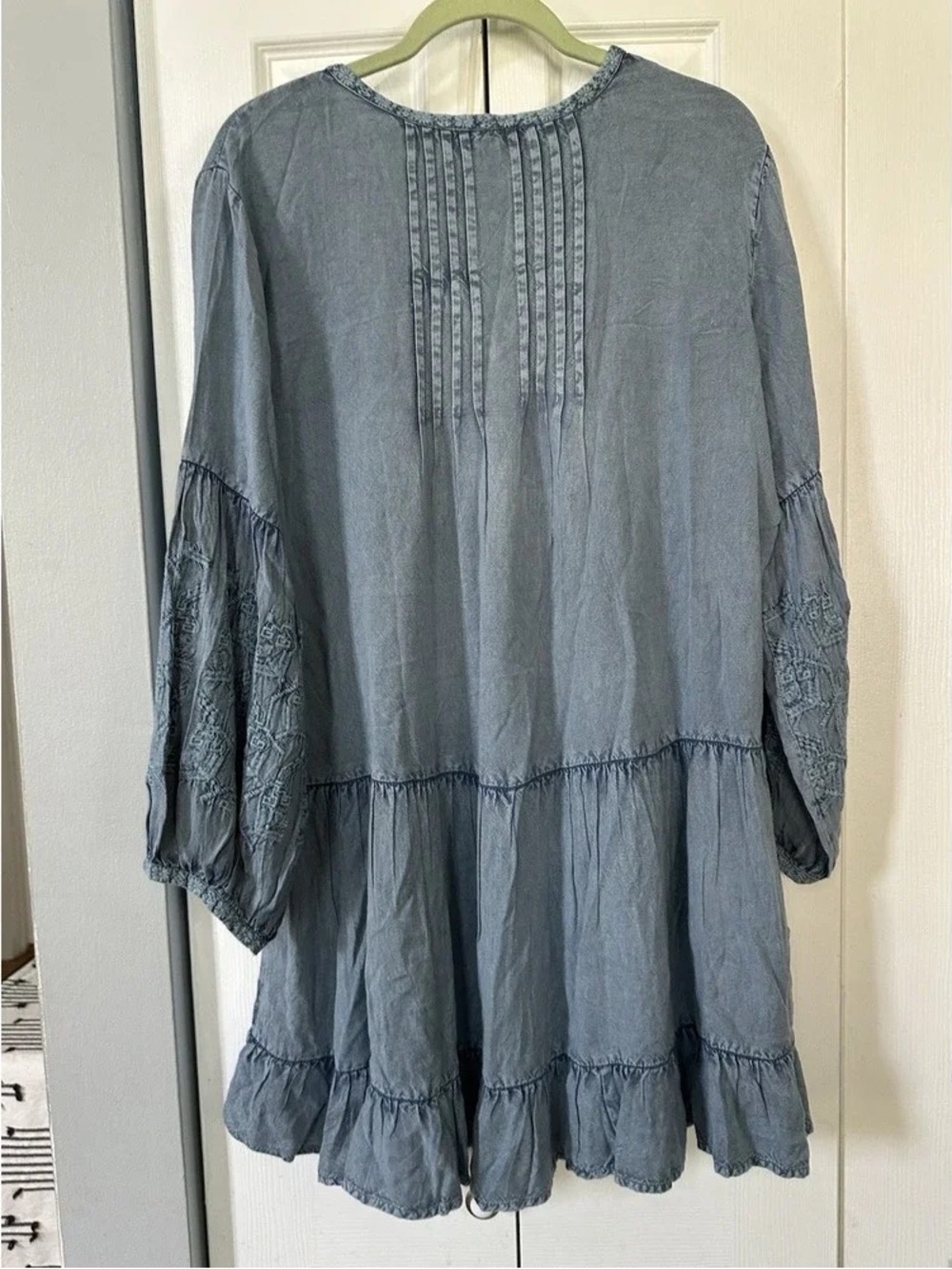Solitaire Slate Blue Tiered Mini Dress with Embroidered Sleeves